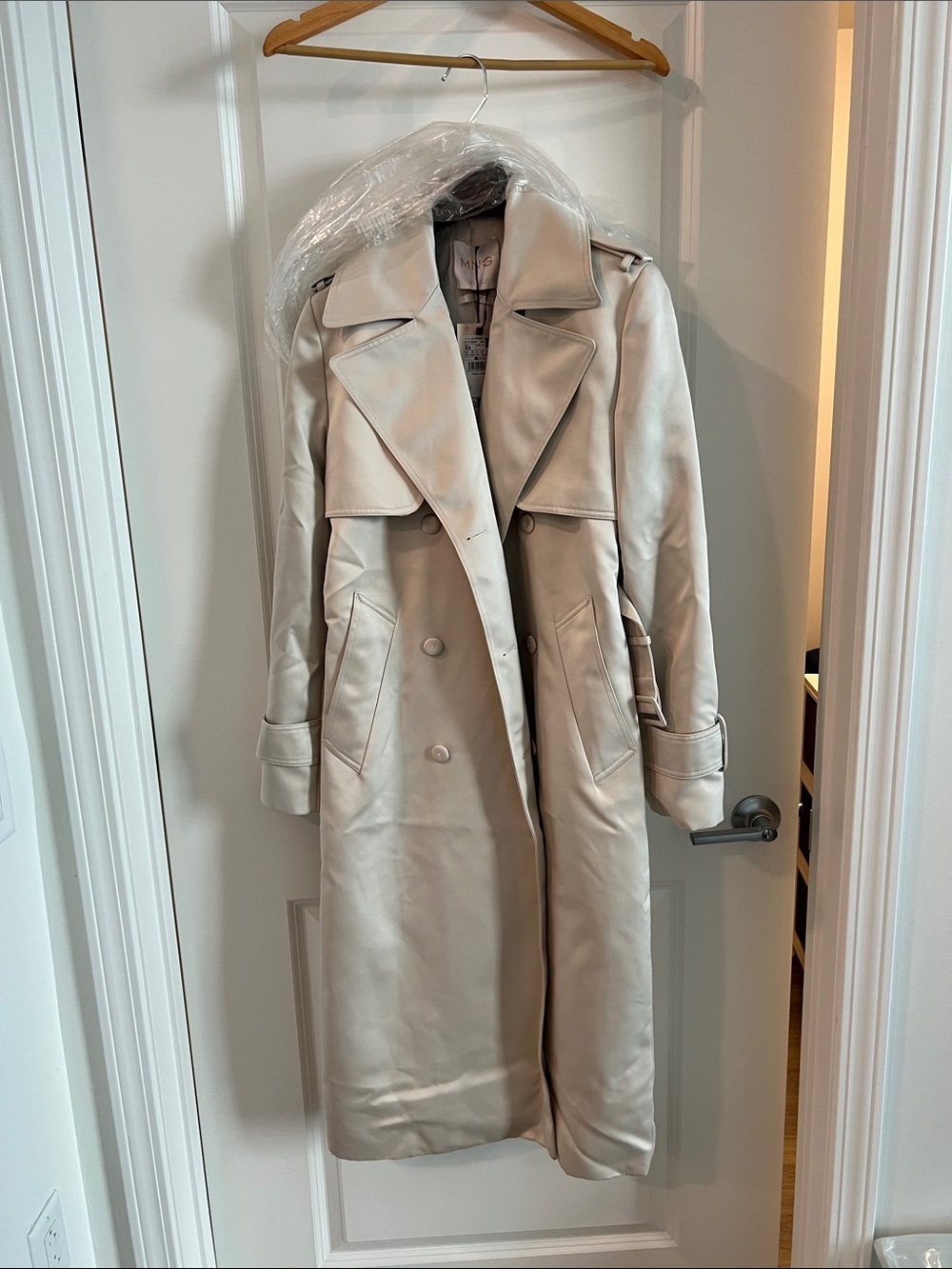 Mango Womens Light Beige Satin Trench Coat - Classic Double-Breasted Style